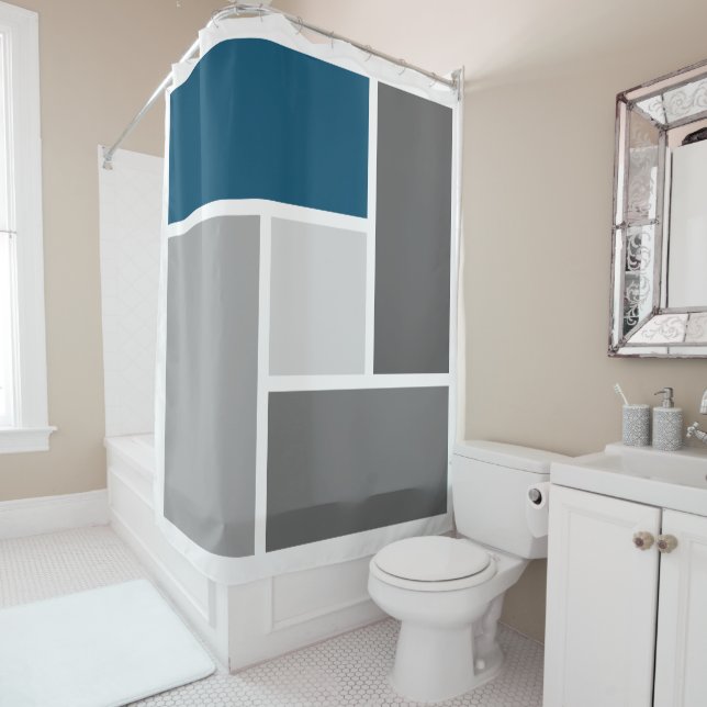 Modern Colour Block Mosaic Ocean Blue Grey White Shower Curtain (In Situ)