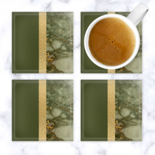 Modern Colour Block Olive Green Gold Foil Marble Glass Coaster