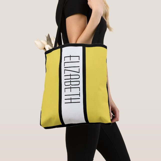 Modern Colour Block Personalised Name Yellow Tote Bag (Close Up)