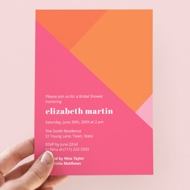 Modern Colour-Block Pink Orange Bridal Shower Part Invitation (Bold color block bridal shower geometric invitation design in magenta, clementine, mandarin & pink)