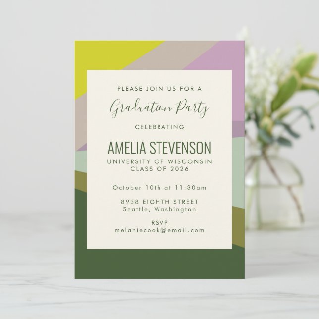 Modern Colour Block Purple Green Graduation Party Invitation (Standing Front)