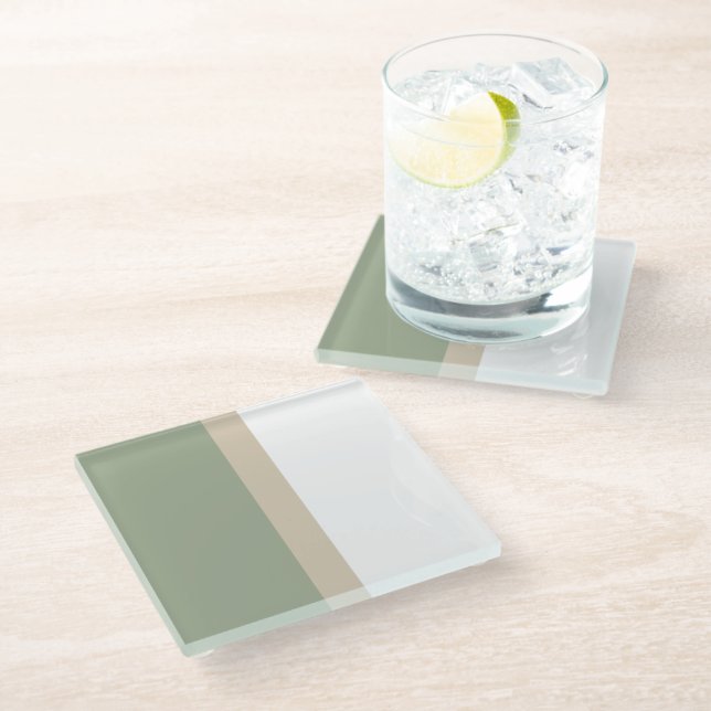 Modern Colour Block Sage Green Beige White Glass Coaster (Angled)
