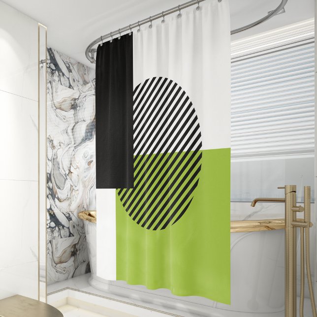 Modern Colour Block Striped Circle Lime Green Blac Shower Curtain (Creator Uploaded)