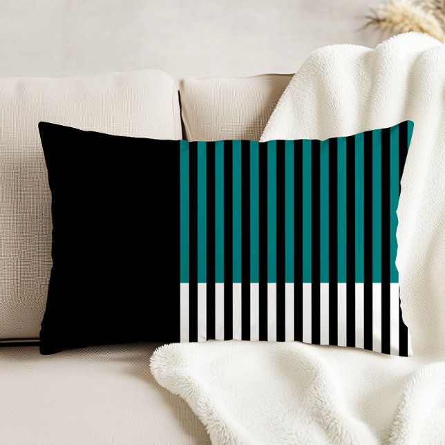 Modern Colour Block Striped Teal Black White Decorative Cushion (Creator Uploaded)