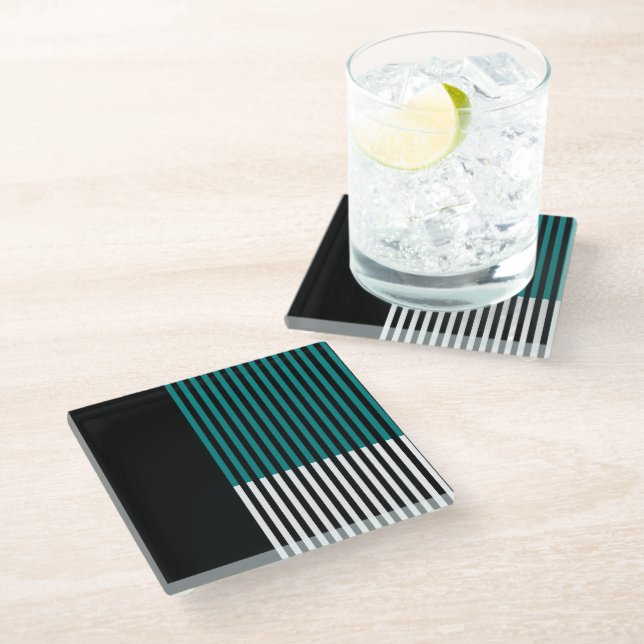 Modern Colour Block Striped Teal Black White Glass Coaster (Angled)