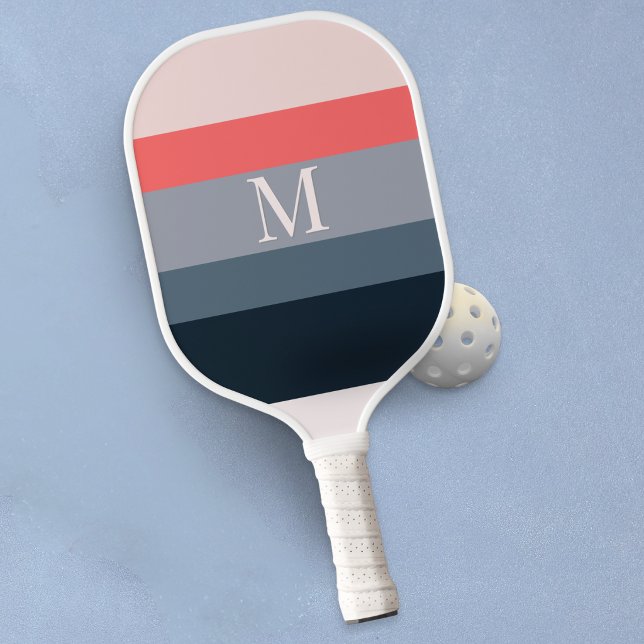 Modern Colour Block Stripes Monogrammed Pickleball Paddle (A monogrammed pickleball paddle with color block stripes in navy blue, gray, coral and blush pink)
