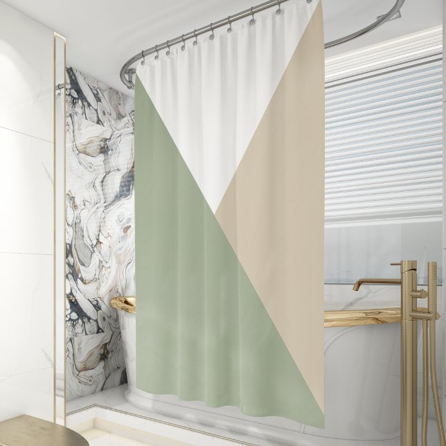 Modern Colour Block Triangles Sage Green Beige Shower Curtain (Creator Uploaded)
