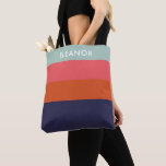 Modern Colour Block Wide Stripes Personalised Tote Bag<br><div class="desc">A modern geometric colour block striped design in a bold colour palette of teal,  red,  dark pink,  and navy blue,  personalised with your name.</div>