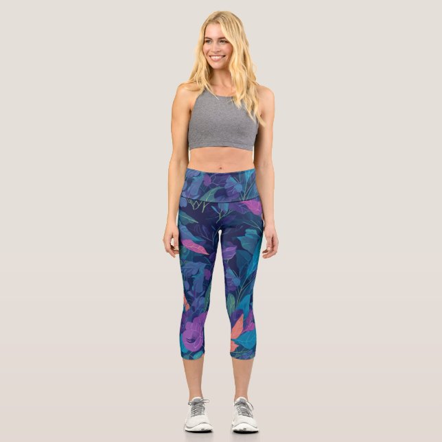 Modern Colour Floral Boho Botanical Leaves Pattern Capri Leggings (Front)
