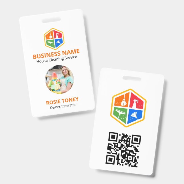 Modern Colour Logo House Cleaning Service QR Code ID Badge (Front & Back)