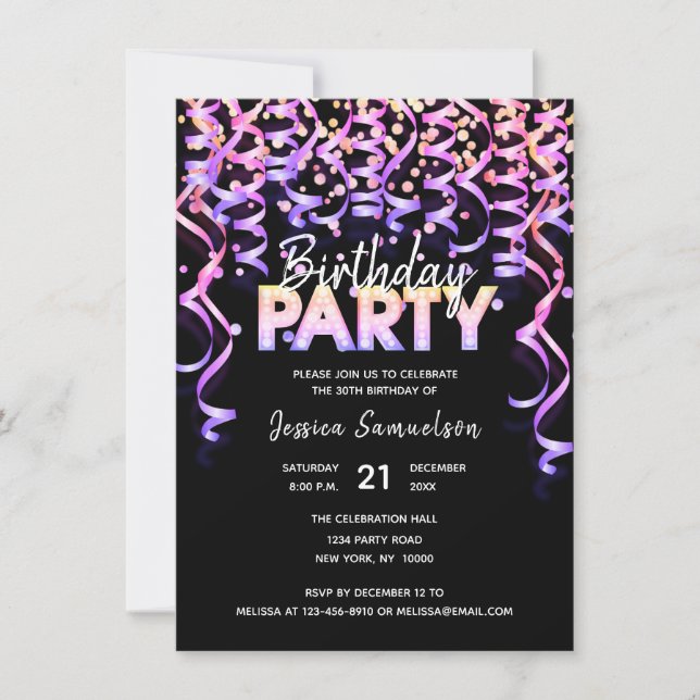 Modern Colour Streamers Confetti BIRTHDAY PARTY Invitation (Front)