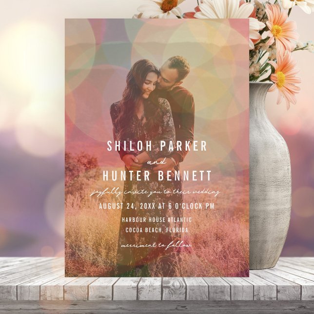 Modern Coloured Bokeh Overlay Photo Wedding Invitation (Creator Uploaded)