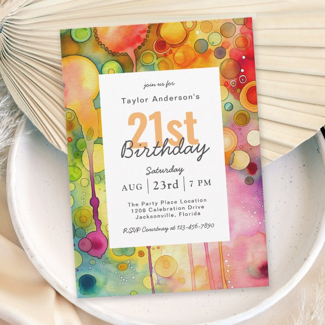 Modern Colourful Abstract 21st Birthday Party Invitation (Available as printed and paperless digital download!)