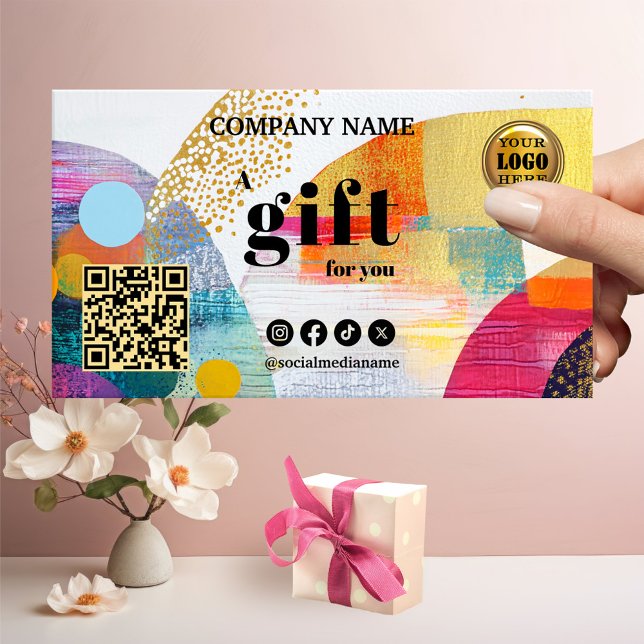 Modern Colourful Abstract Art Gift Card (A festive gift certificate featuring a colorful retro abstract design - logo- QR code - social media)