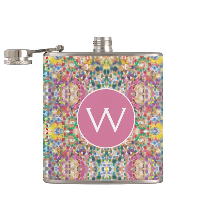 Modern Colourful Abstract Mosaic Monogram Hip Flask (Opened)
