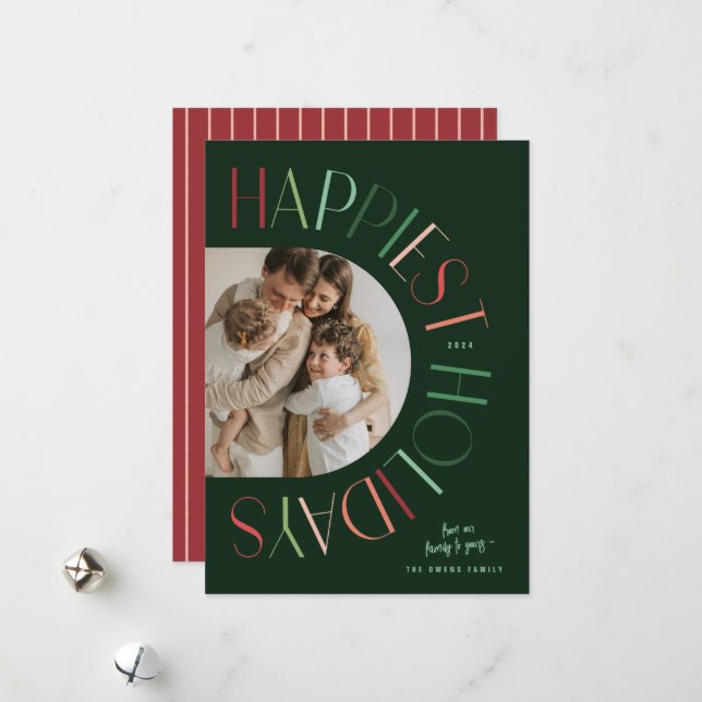Modern Colourful Arched One Photo Happiest Holiday Card (Front/Back In Situ)