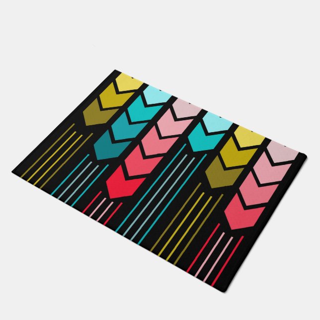 Modern Colourful Arrows Pattern On Black Doormat (Angled)