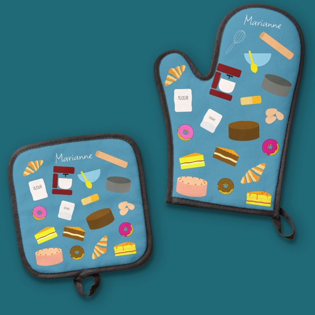 Modern Colourful Baked Goods And Baking Utensils Oven Mitt & Pot Holder Set (oven mitt blue)
