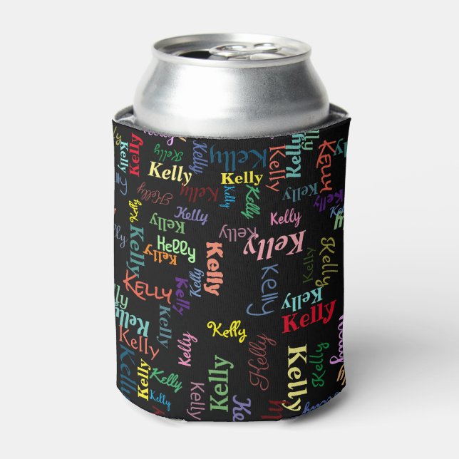 Modern Colourful Black Monogram Name Can Cooler (Can Front)