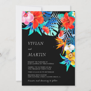 Modern Colourful Black Tropical Floral Wedding Invitation