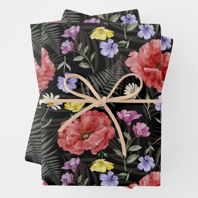 Modern Colourful & Black Wildflower Pattern  Wrapping Paper Sheet (In situ)