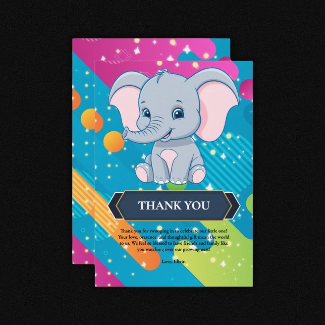 Modern Colourful Blue Elephant Baby Shower Thank You Card (Creator Uploaded)