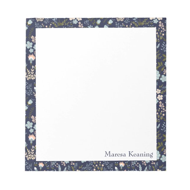 Modern Colourful Blue Floral Pattern Personalised Notepad (Front)