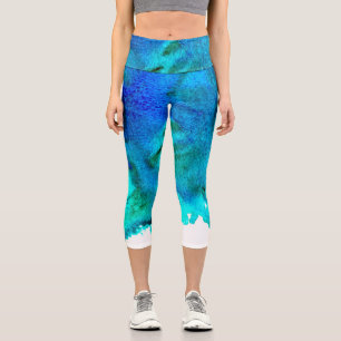 Modern colourful blue ocean watercolor marble capri leggings