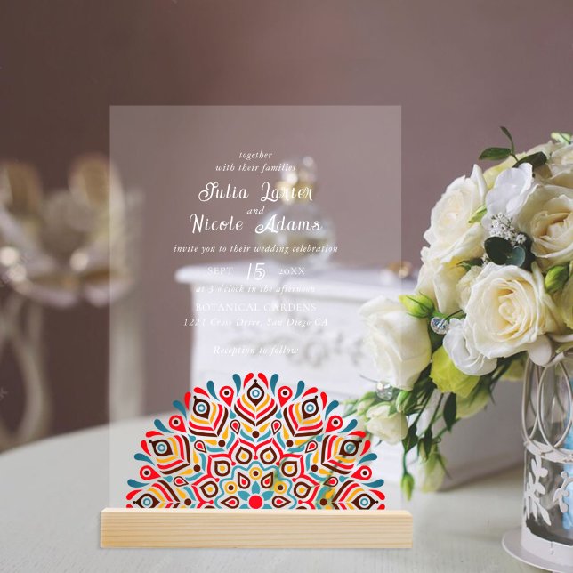 Modern Colourful Boho Ethnic Floral Mandala Weddin Acrylic Invitations (Creator Uploaded)