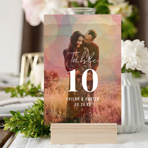 Modern Colourful Bokeh Overlay Photo Wedding Table Number