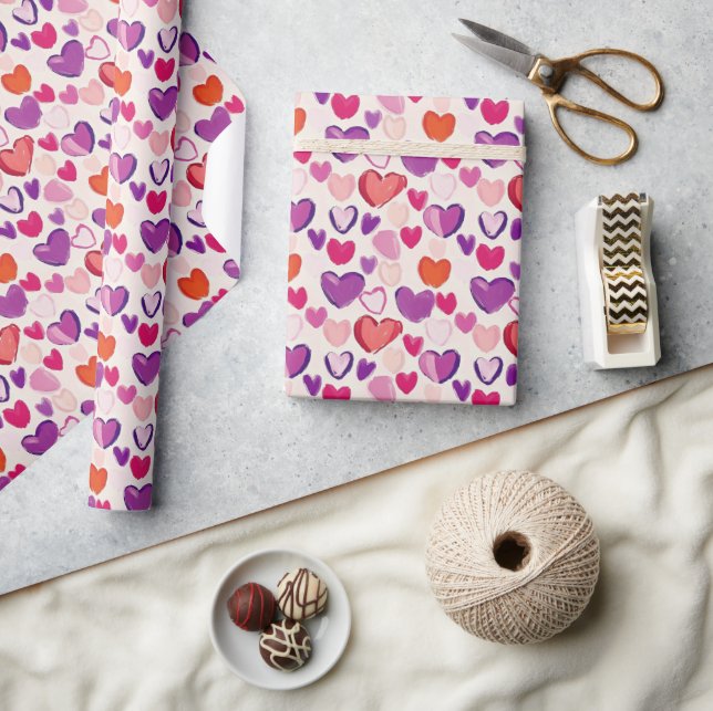 Modern Colourful Bold Pink Purple Hearts Pattern Wrapping Paper (Crafts)