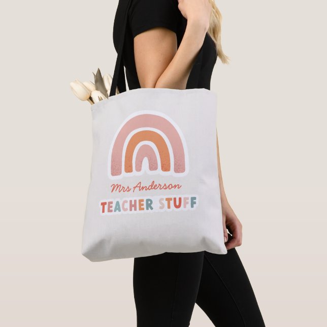 Modern colourful bold typography rainbow teacher tote bag (Close Up)