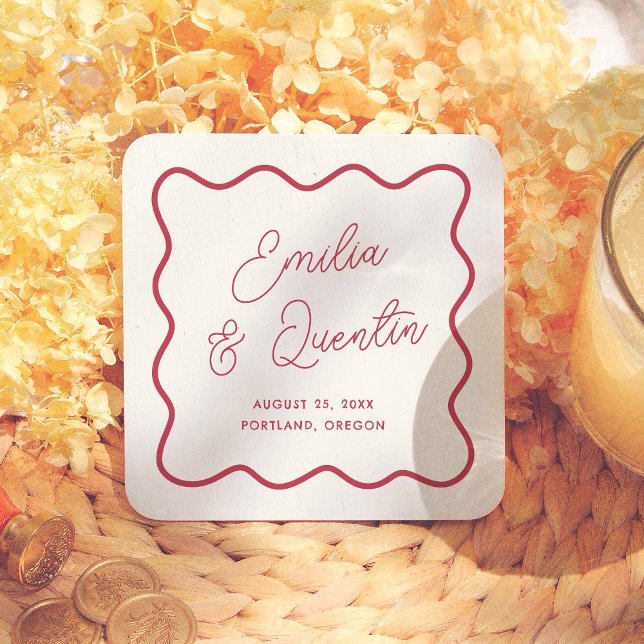 Modern Colourful Bold Wavy Frame Retro Wedding Square Paper Coaster (Creator Uploaded)