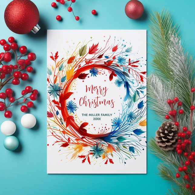 Modern Colourful Botanical Christmas Wreath  Holiday Postcard (Creator Uploaded)