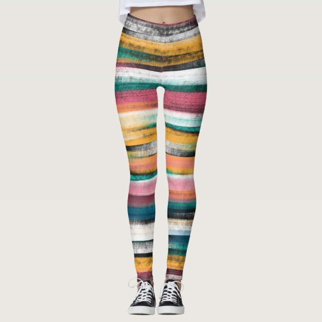 Modern Colourful Brush Strokes Stripes Oil Paint Leggings (Front)