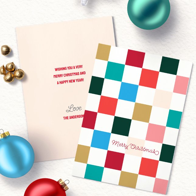 Modern Colourful Chequerboard  Holiday Card (Modern Colorful Checkerboard Merry Christmas Script Typography flat holiday card)