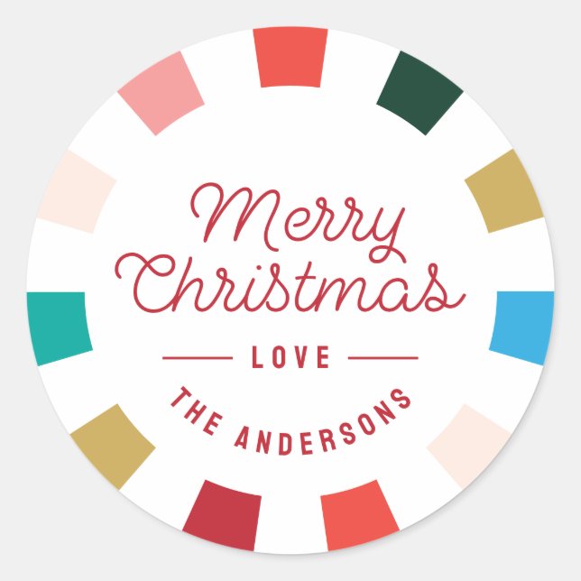Modern Colourful Chequerboard Merry Christmas Classic Round Sticker (Front)
