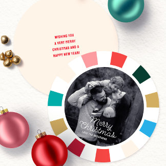 Modern Colourful Chequerboard Photo Round Holiday Card