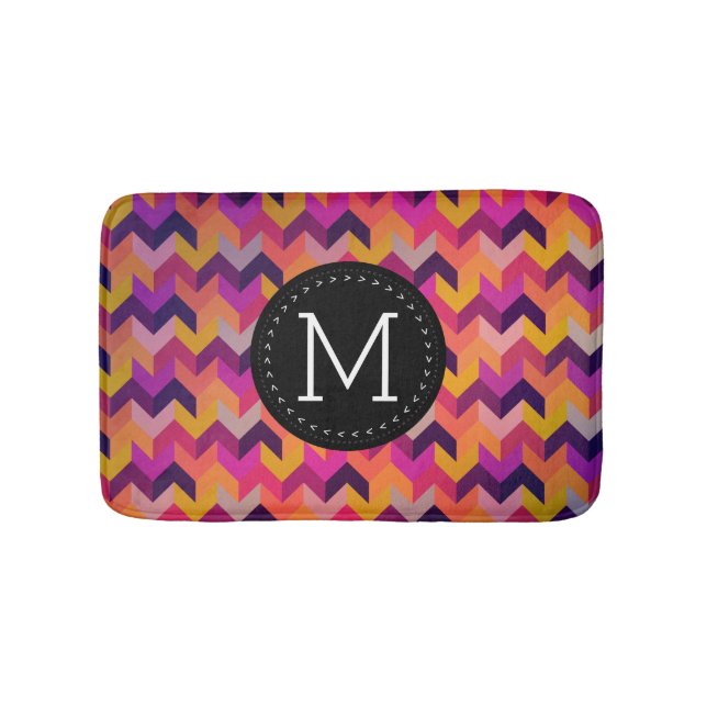 Modern Colourful Chevron Black Monogram Bath Mat (Front)
