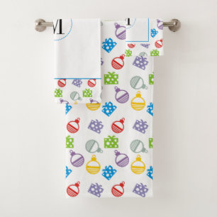 Modern colourful Christmas balls & gifts monogram Bath Towel Set