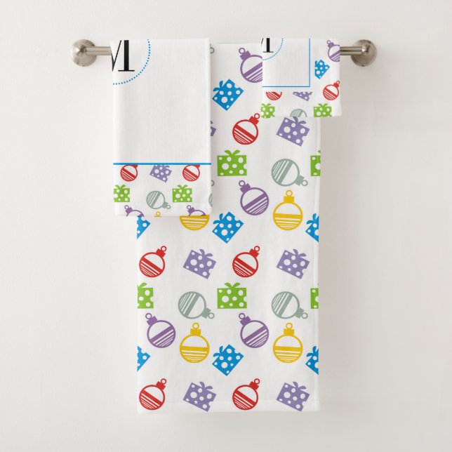Modern colourful Christmas balls & gifts monogram Bath Towel Set (Insitu)