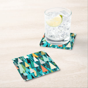 Modern colourful Christmas tree pattern Square Paper Coaster