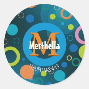 Modern Colourful Circles Monogram Customised BLUE Classic Round Sticker