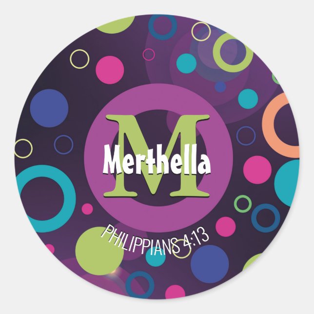 Modern Colourful Circles Monogram Customised PURPL Classic Round Sticker (Front)
