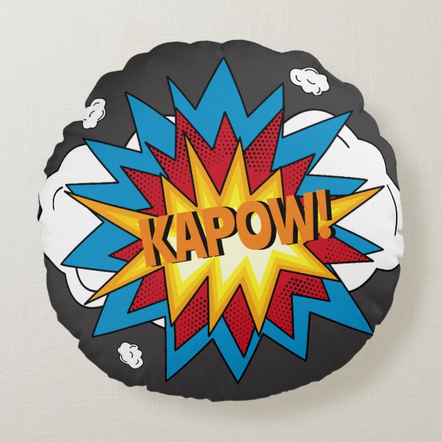 Modern Colourful Comic Book KAPOW Pop Art Round Cushion (Front)