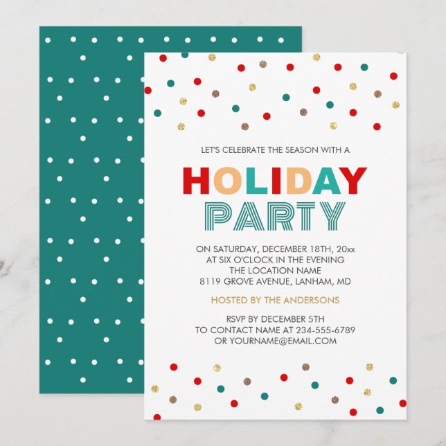 Modern Colourful Confetti Dots Holiday Party Invitation (Front/Back)