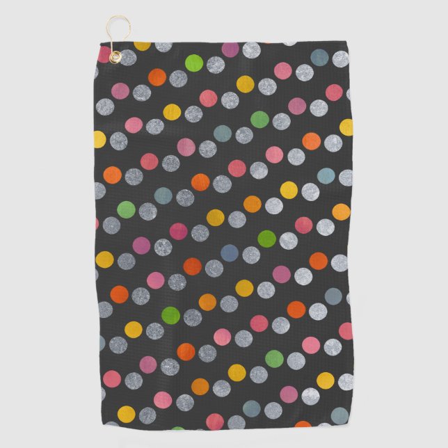  Modern Colourful & Cute Charcoal Silver Polka Dot Golf Towel (Front)