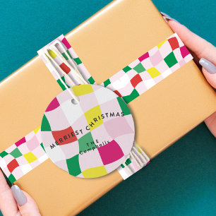 Modern Colourful Disco Ball Tartan Plaid Christmas Favour Tags