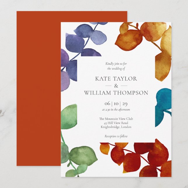 Modern Colourful Eucalyptus Leaves Floral Wedding Invitation (Front/Back)