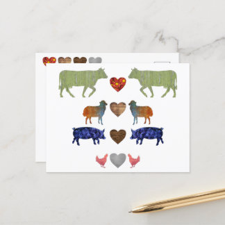 Modern Colourful Farm Animals Heart Silhouette  Postcard